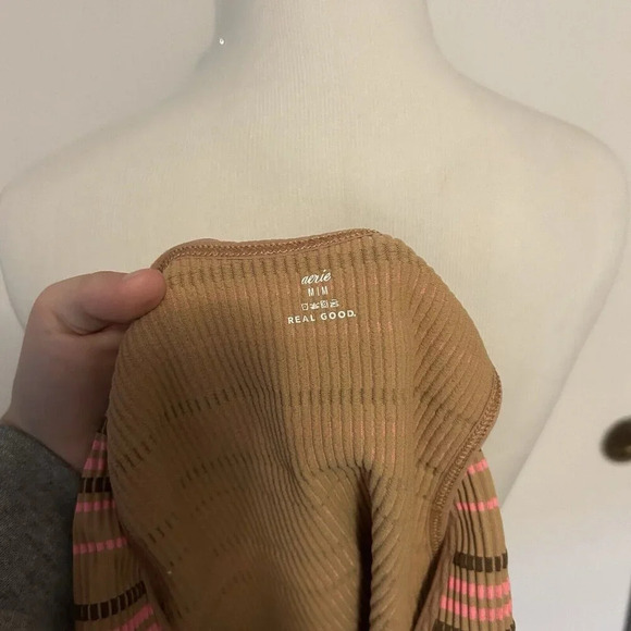 Aerie Superchill Seamless Ruched Bra Crop Tank Top Size Medium M Brown Striped - Picture 3 of 5